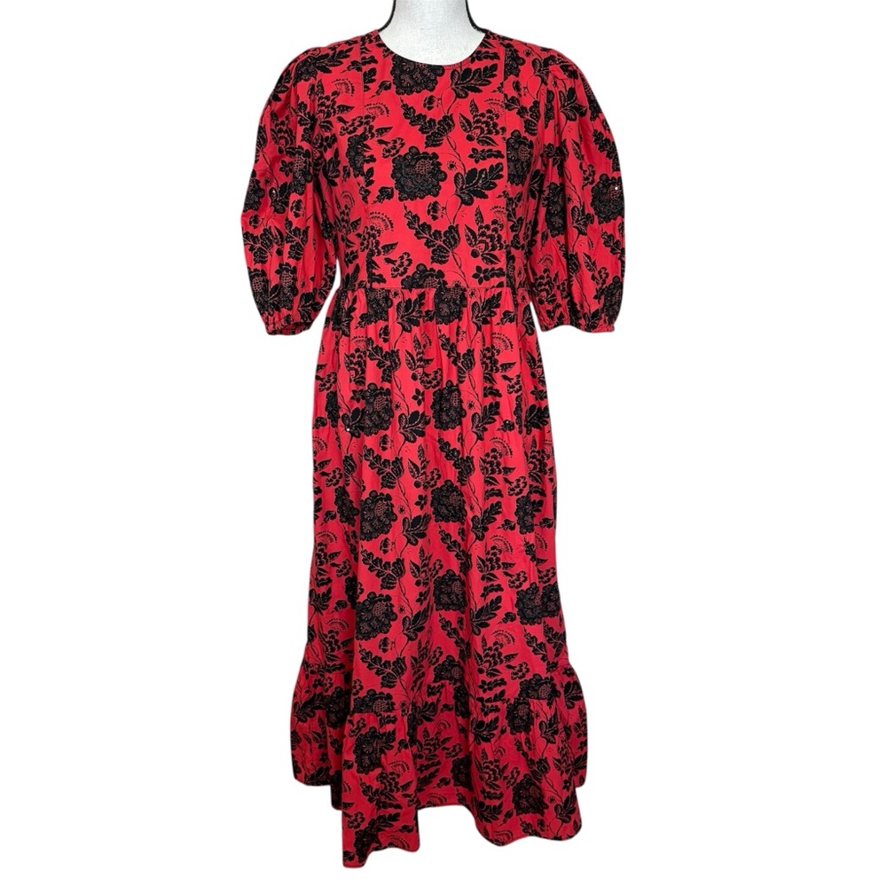 Zara Beverly Red Floral Embroidered Beaded Sequins Balloon Sleeve Maxi Dress